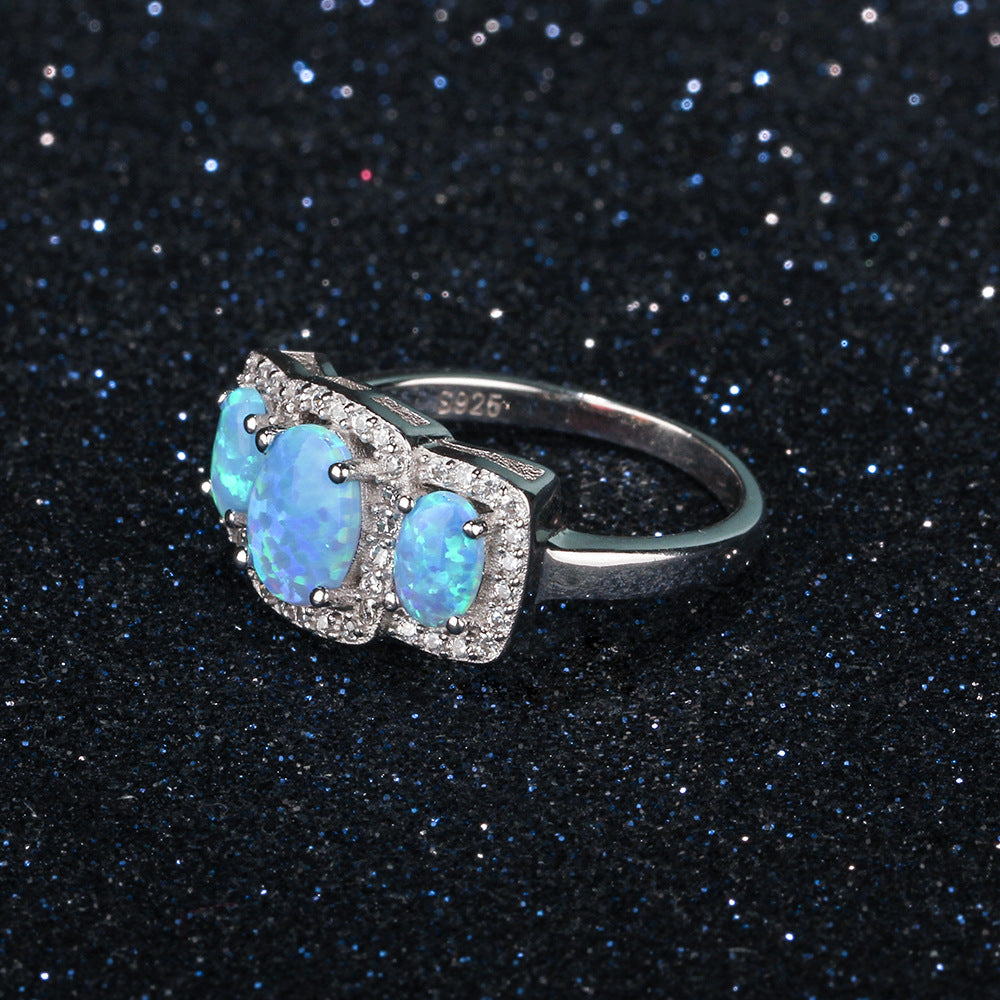 Three Oval Opal Soleste Halo Zircon Sterling Silver Ring