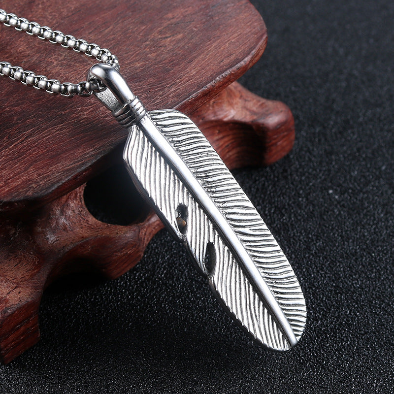 Trendy Titanium Steel Feather Pendant by Planderful - Unisex Japanese-Inspired Jewelry