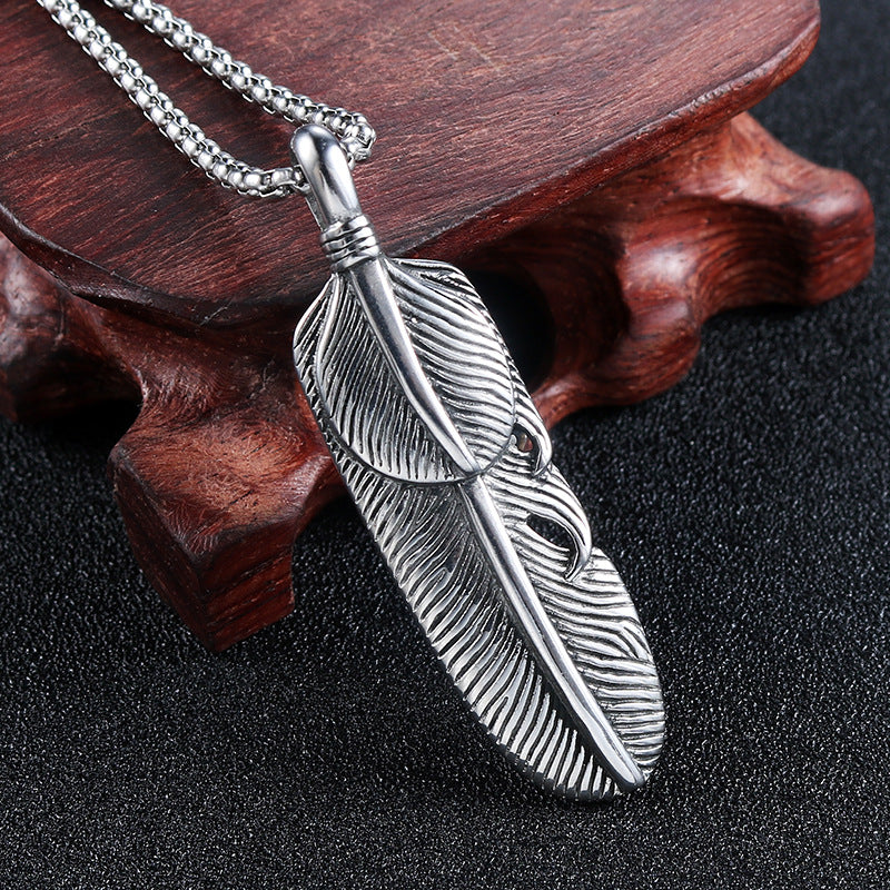 Trendy Titanium Steel Feather Pendant by Planderful - Unisex Japanese-Inspired Jewelry