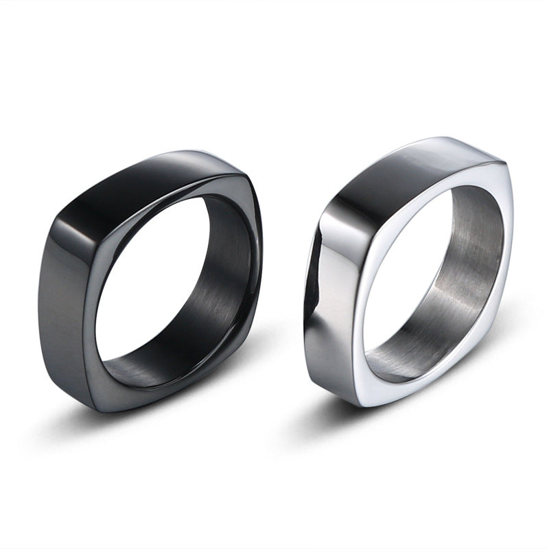 Sleek Titanium Steel Square Ring for Men – Modern European and American Fashion Jewelry