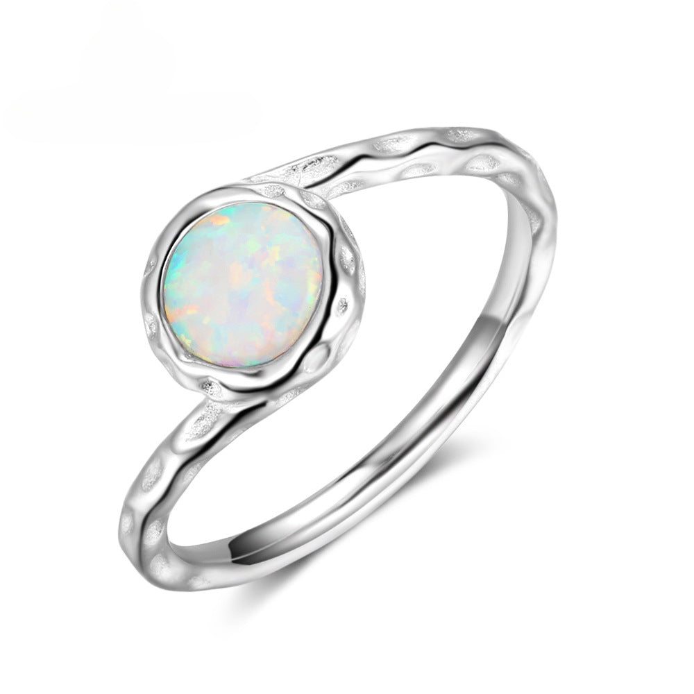 Round Opal Concave Convex Surface Sterling Silver Ring