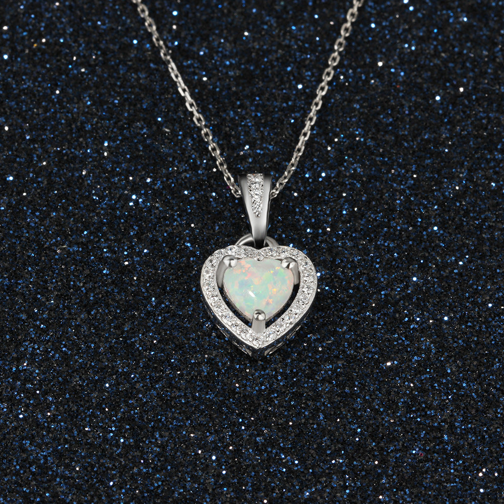 Heart Shape Opal Zircon Soleste Halo Sterling Silver Necklace