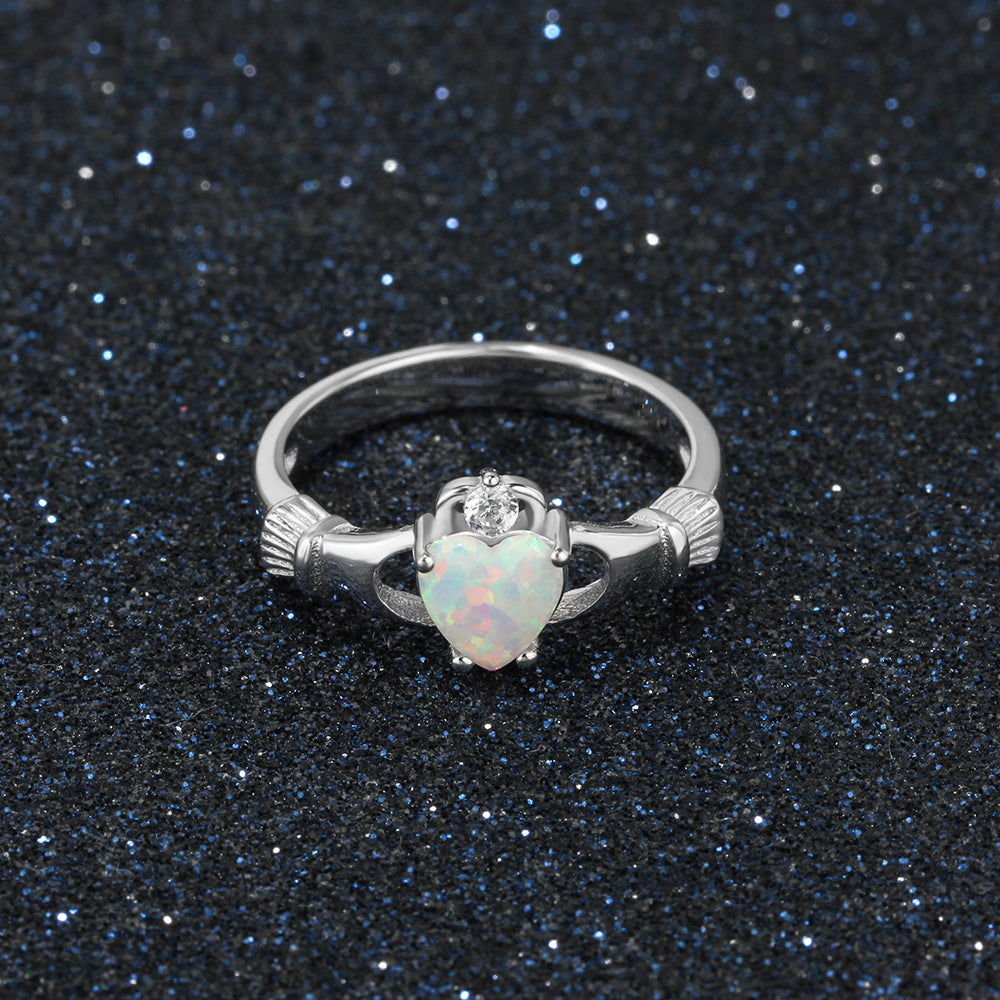 Creative Hand Holding Heart Shape Opal Sterling Silver Ring