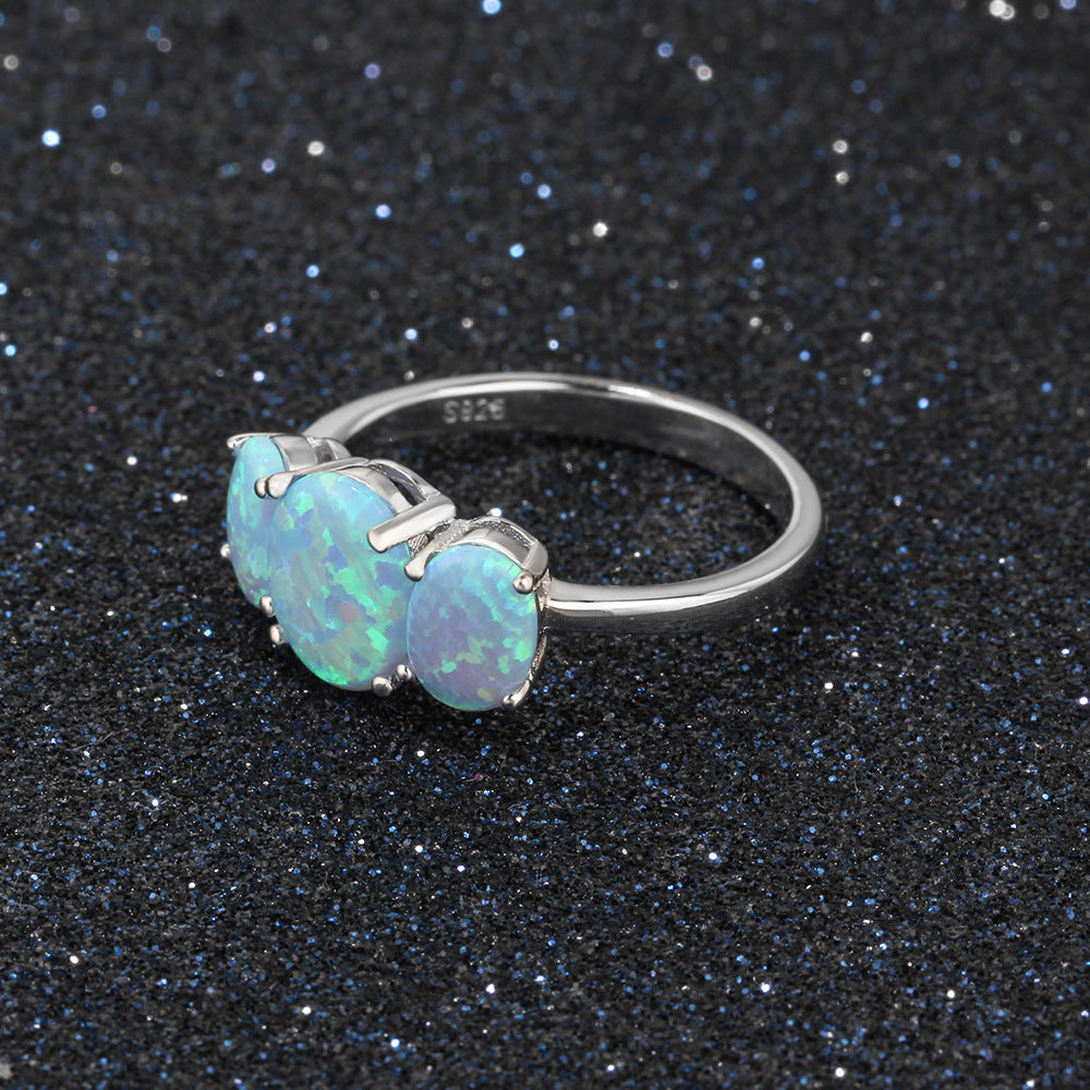 Three Oval Blue Opal Sterling Silver Ring