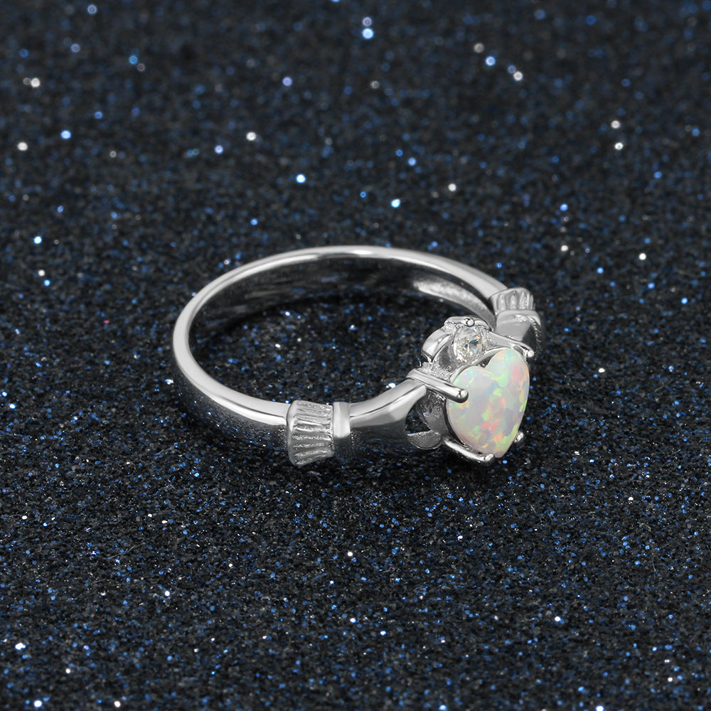 Creative Hand Holding Heart Shape Opal Sterling Silver Ring