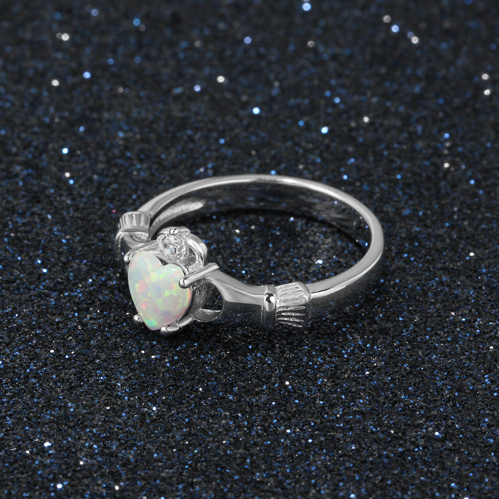 Creative Hand Holding Heart Shape Opal Sterling Silver Ring