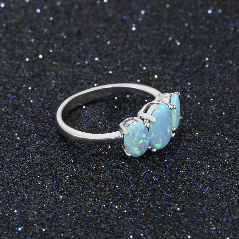 Three Oval Blue Opal Sterling Silver Ring