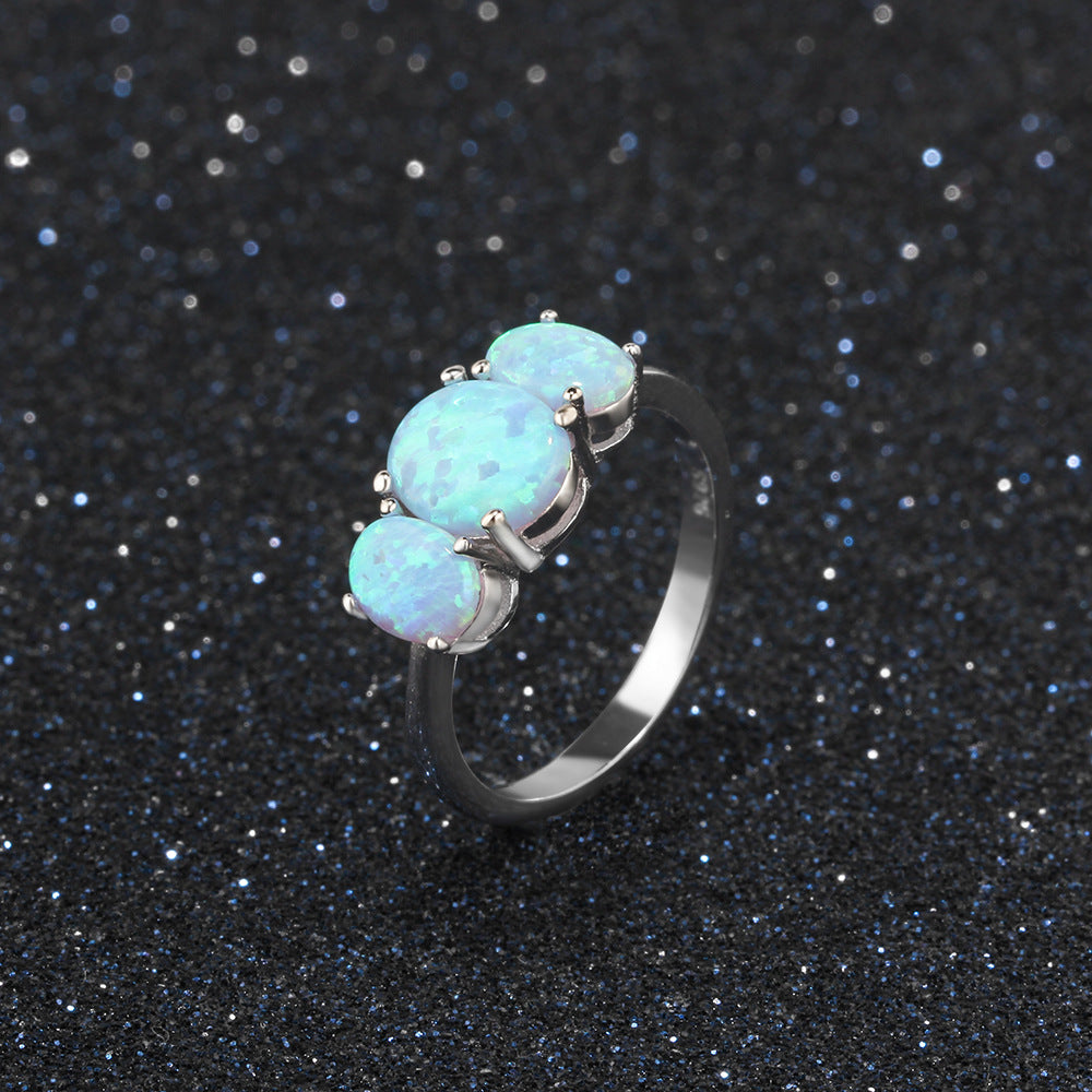 Three Oval Blue Opal Sterling Silver Ring