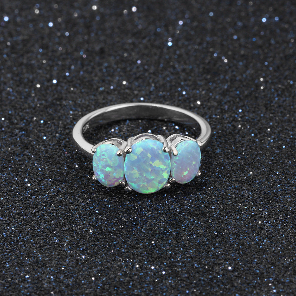 Three Oval Blue Opal Sterling Silver Ring