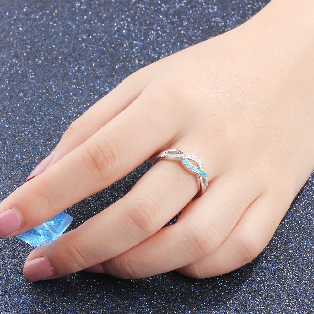 Wave Split Shank Blue Opal Zircon Sterling Silver Ring