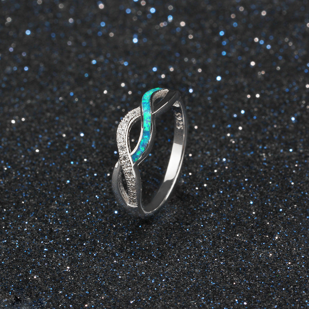 Wave Split Shank Blue Opal Zircon Sterling Silver Ring