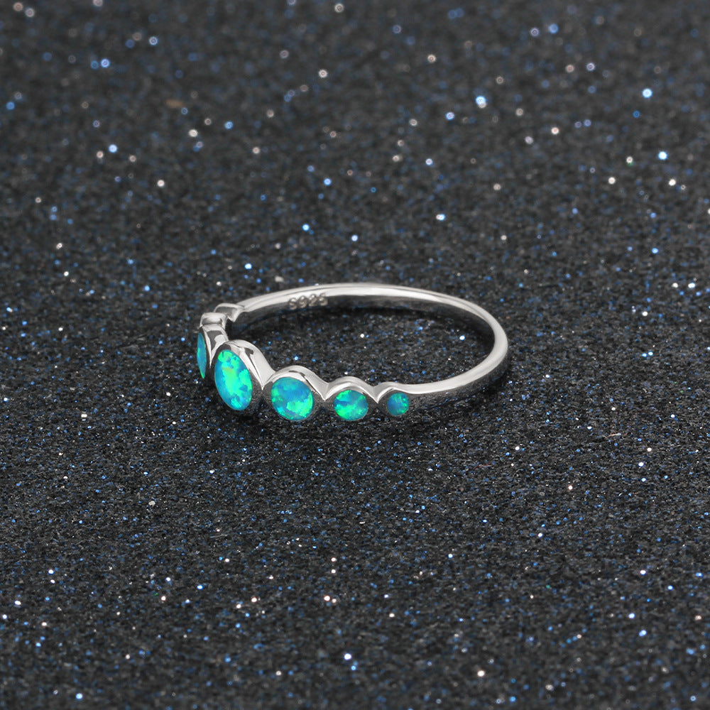 Seven Joint Round Blue Opal Sterling Silver Ring