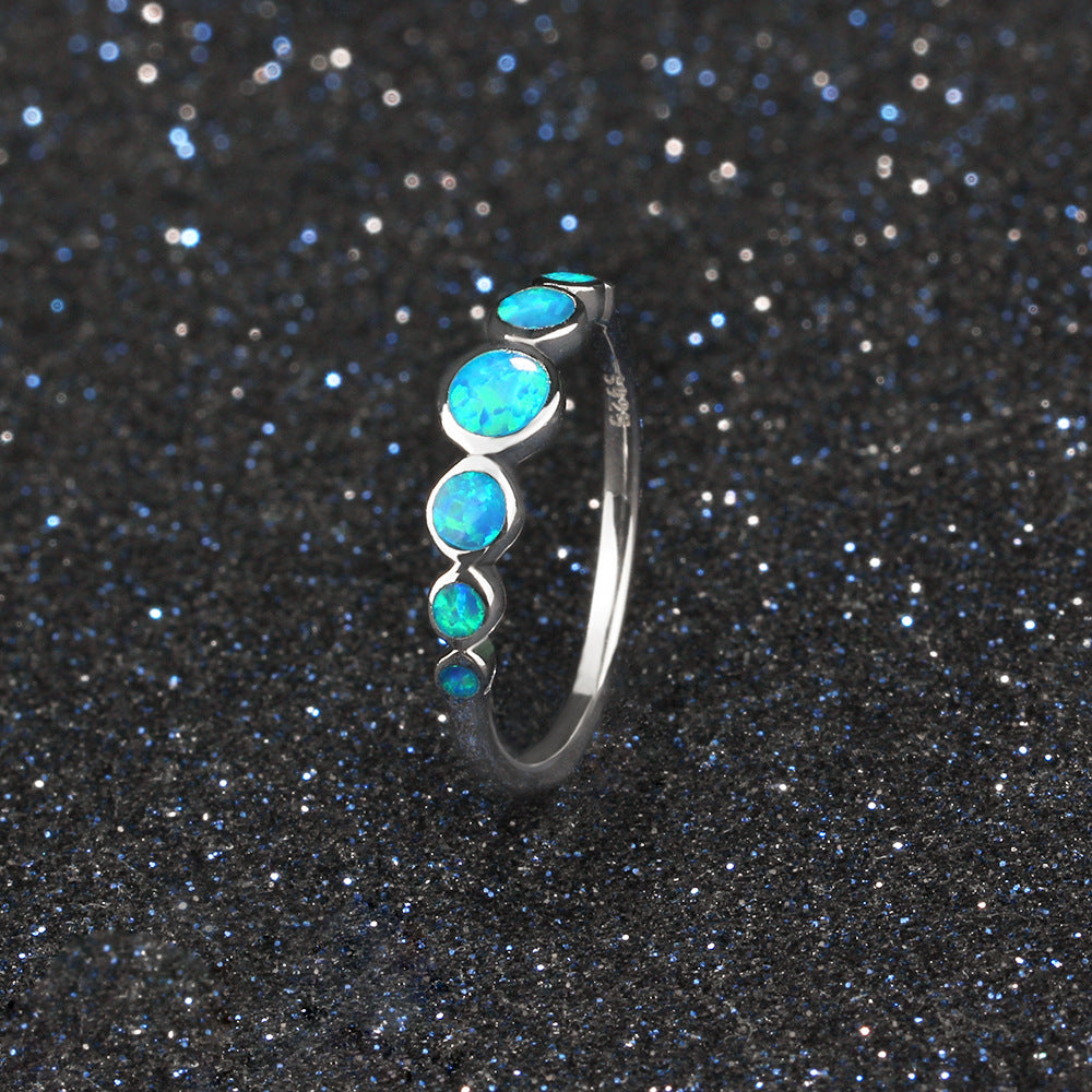 Seven Joint Round Blue Opal Sterling Silver Ring