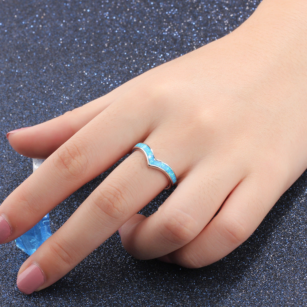 V Shape Blue Opal Sterling Silver Ring