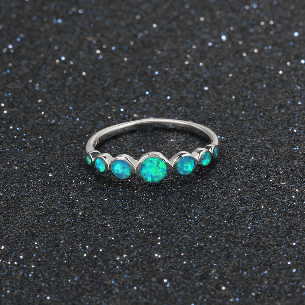 Seven Joint Round Blue Opal Sterling Silver Ring