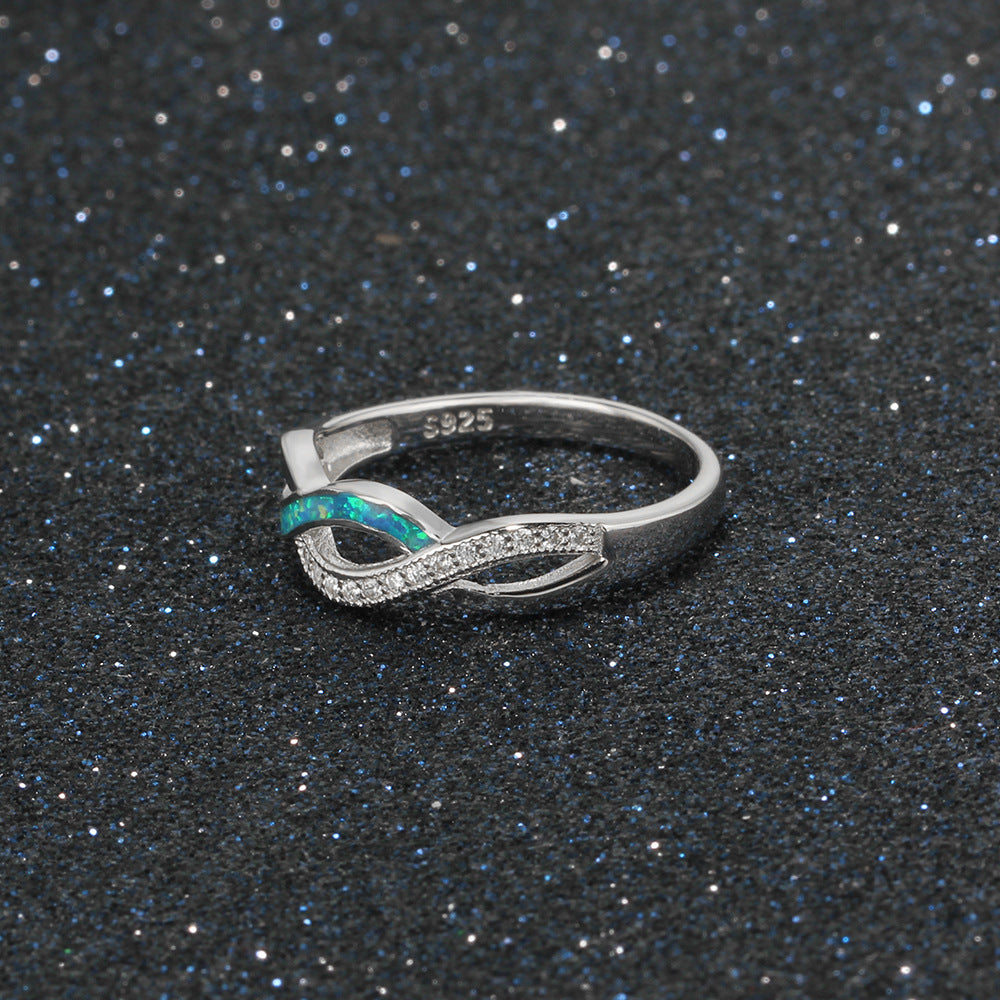 Wave Split Shank Blue Opal Zircon Sterling Silver Ring