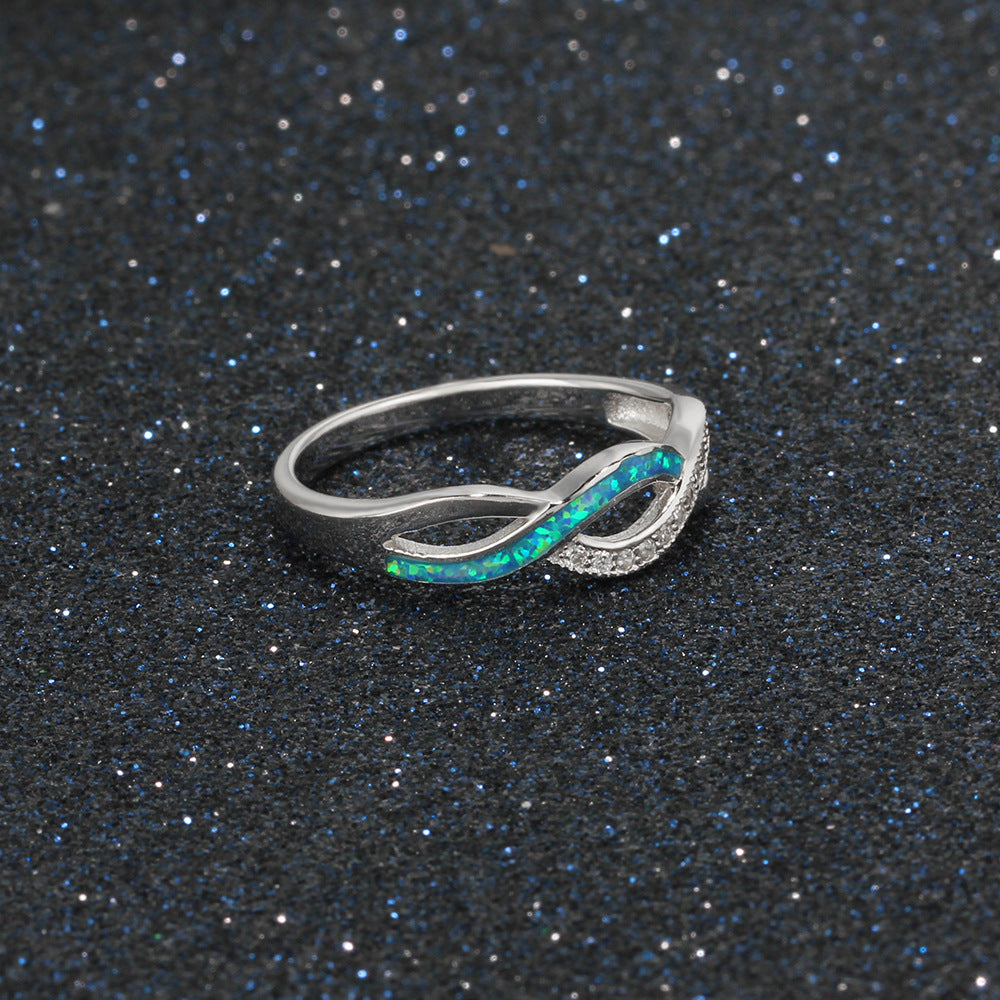 Wave Split Shank Blue Opal Zircon Sterling Silver Ring