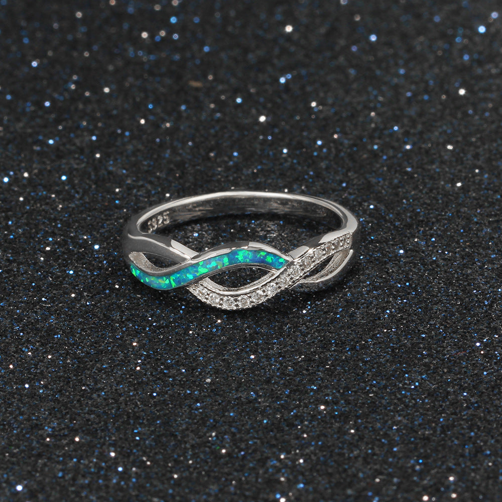 Wave Split Shank Blue Opal Zircon Sterling Silver Ring