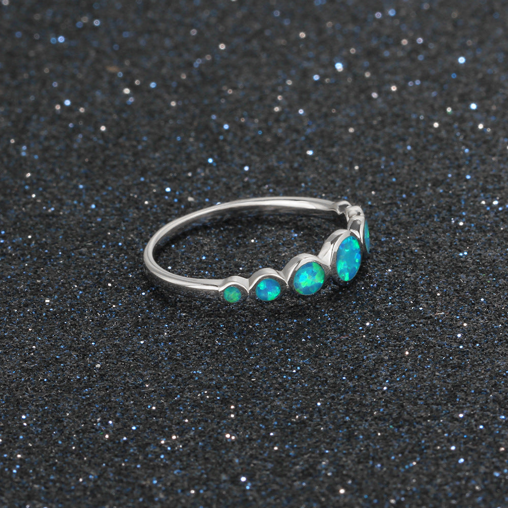 Seven Joint Round Blue Opal Sterling Silver Ring