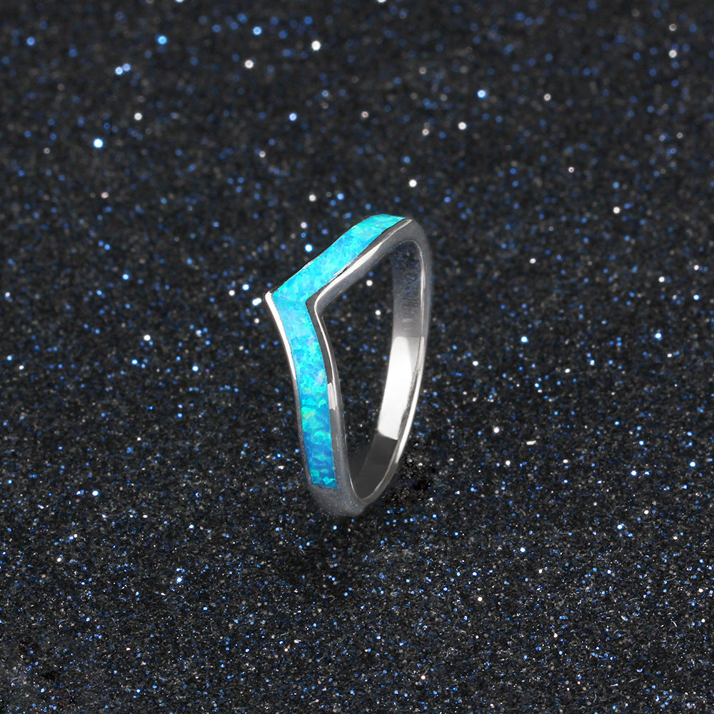 V Shape Blue Opal Sterling Silver Ring