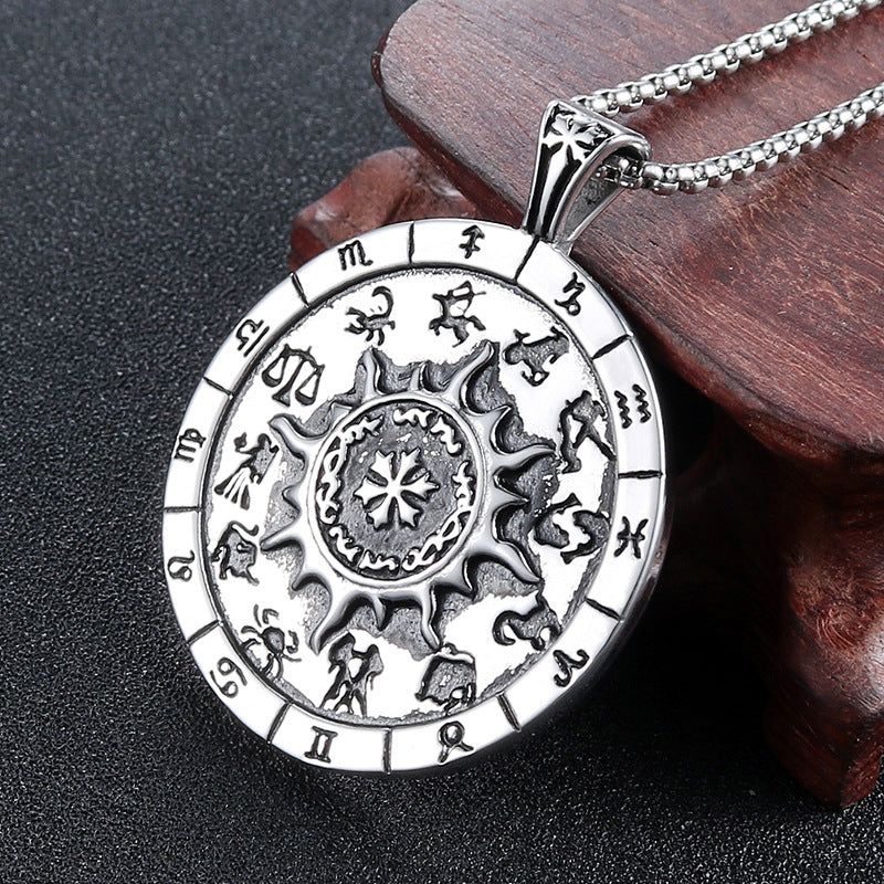 Stylish Titanium Steel Men's Pendant Featuring Retro Hexagram Design and Zodiac Symbols