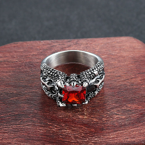 Retro Domineering Titanium Steel Ring with Paw Red Zircon for Men