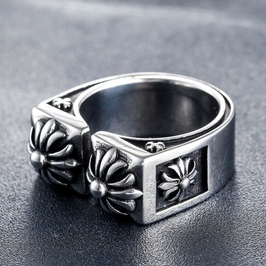 Double Square with Cross Flower Open Titanium Steel Ring for Men