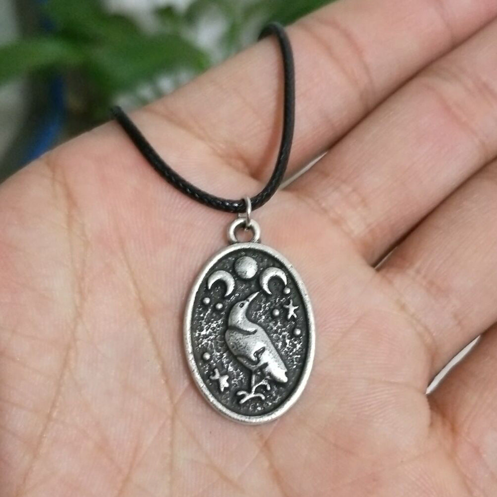 Viking Moon Pendant Necklace with Crow and Retro Bird Detail - Men's and Women's Fashion Jewelry