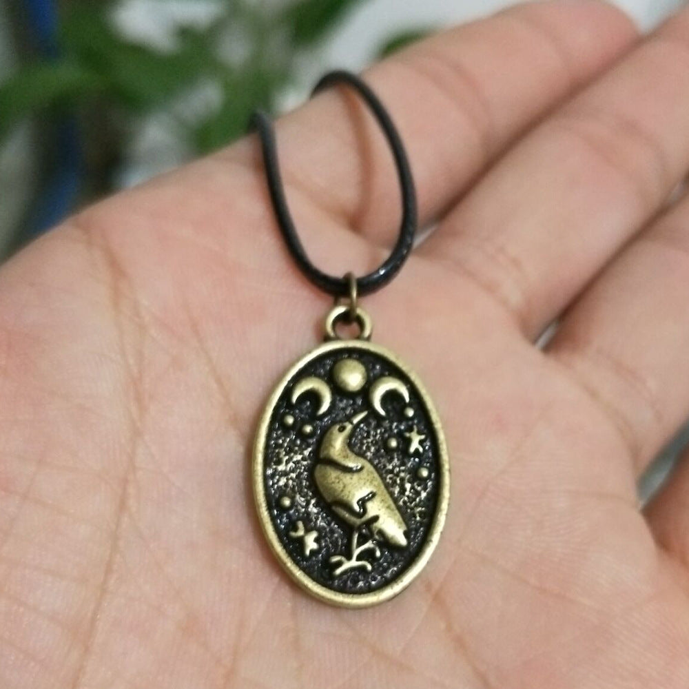 Viking Moon Pendant Necklace with Crow and Retro Bird Detail - Men's and Women's Fashion Jewelry