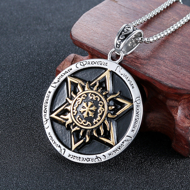 Titanium Steel Hexagram Pendant for Men, Retro Personalized Totem Tag Jewelry