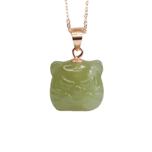 Sterling Silver Hetian Jade Tiger Head Necklace - Fortune's Favor Collection