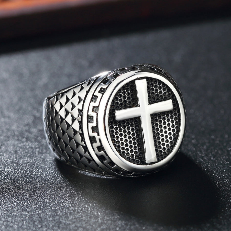 Latin Cross Round Titanium Steel Ring for Men