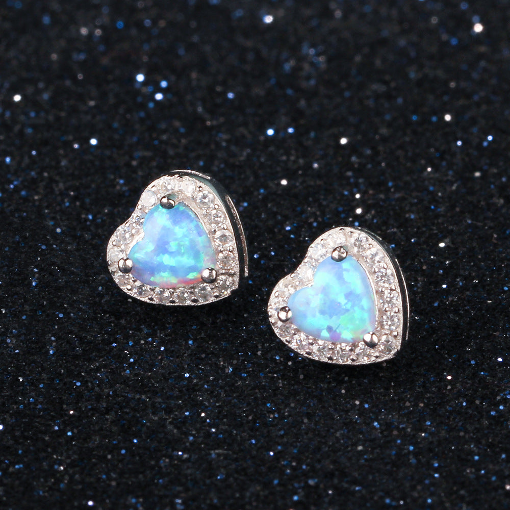 Blue Heart Shape Opal Zircon Soleste Halo Sterling Silver Stud Earrings