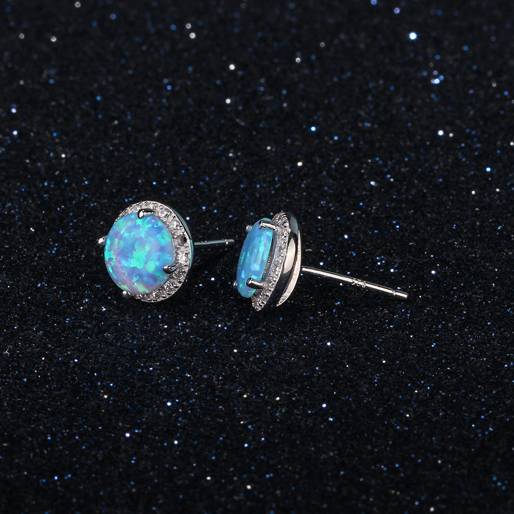 Single Blue Round Opal Zircon Soleste Halo Sterling Silver Stud Earrings