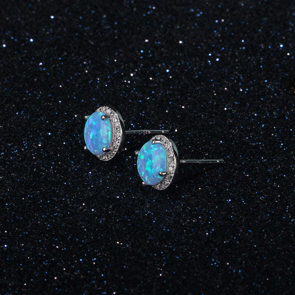 Single Blue Round Opal Zircon Soleste Halo Sterling Silver Stud Earrings