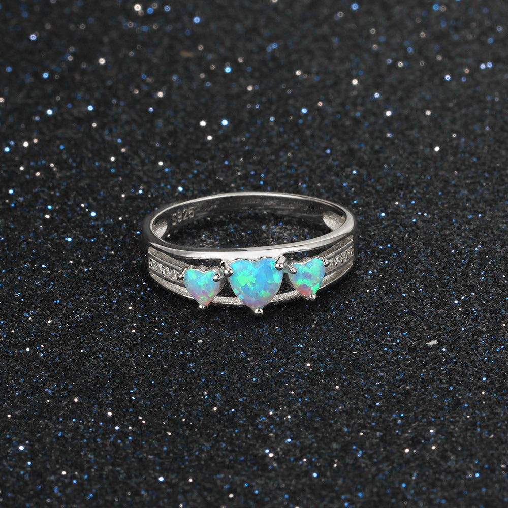 Stylish Three Heart Shape Blue Opal Sterling Silver Ring