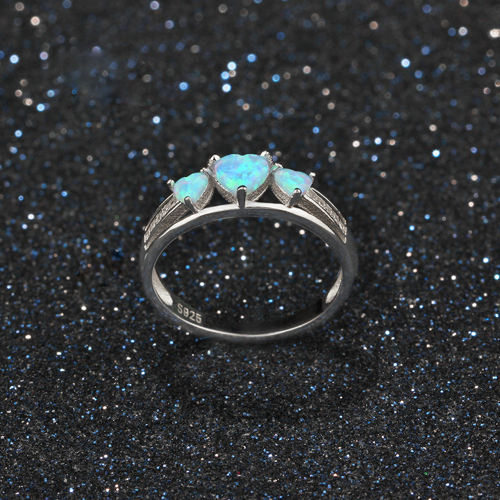 Stylish Three Heart Shape Blue Opal Sterling Silver Ring