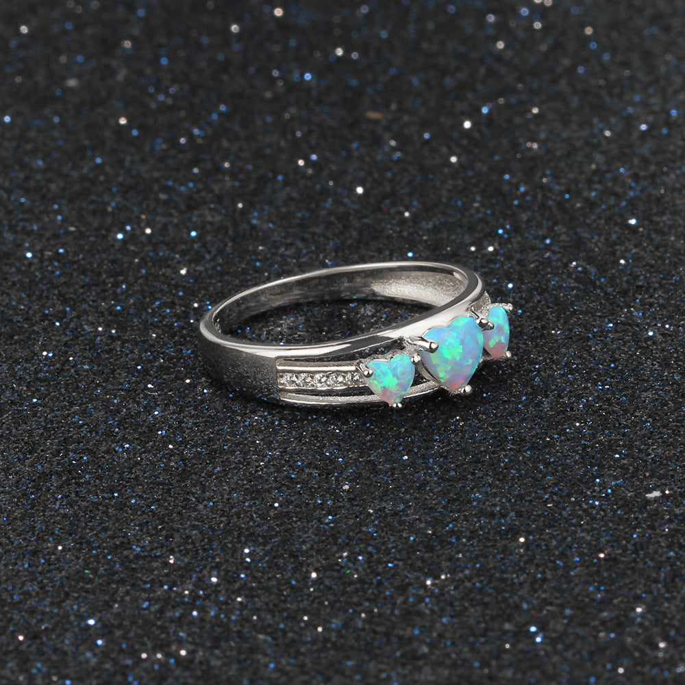 Stylish Three Heart Shape Blue Opal Sterling Silver Ring