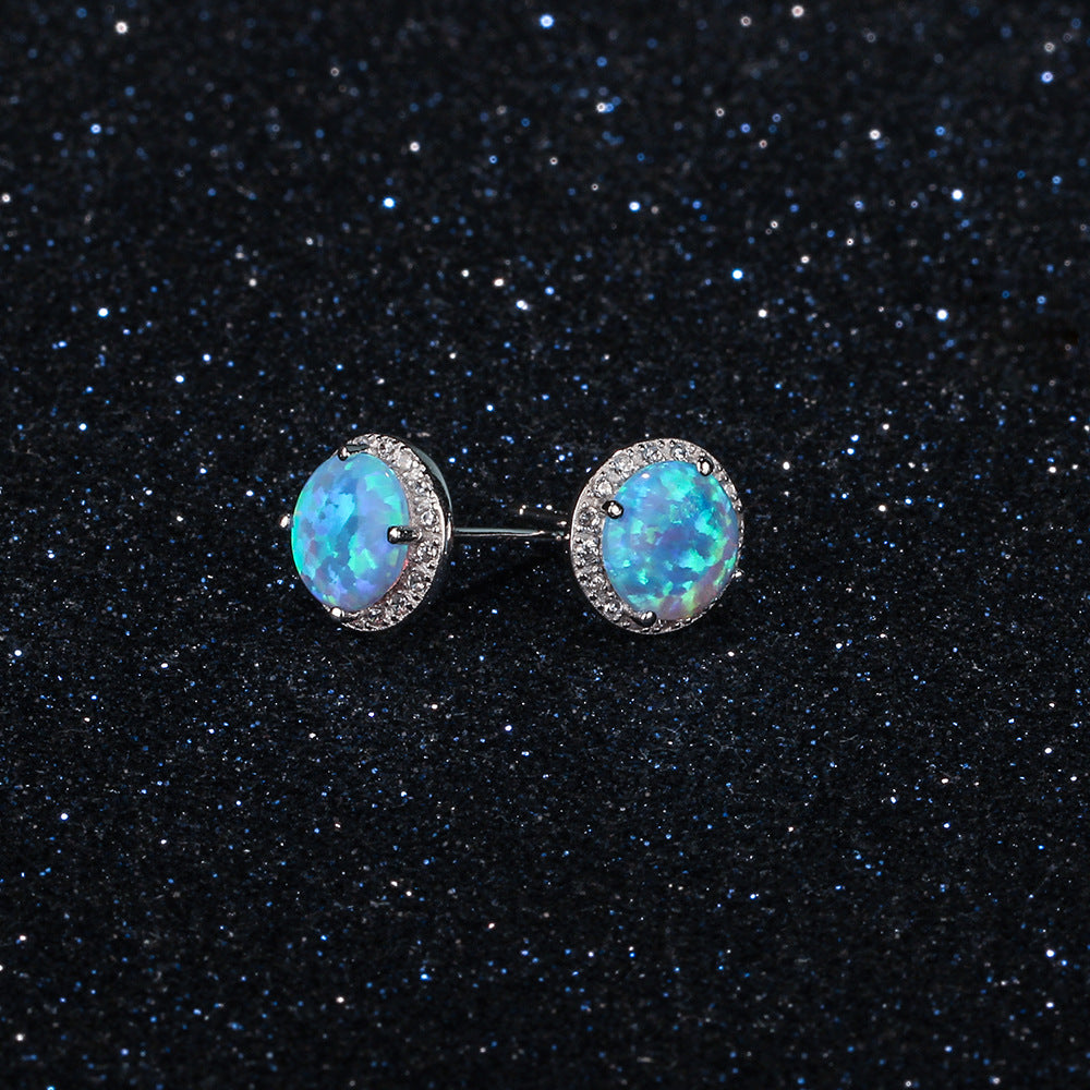 Single Blue Round Opal Zircon Soleste Halo Sterling Silver Stud Earrings