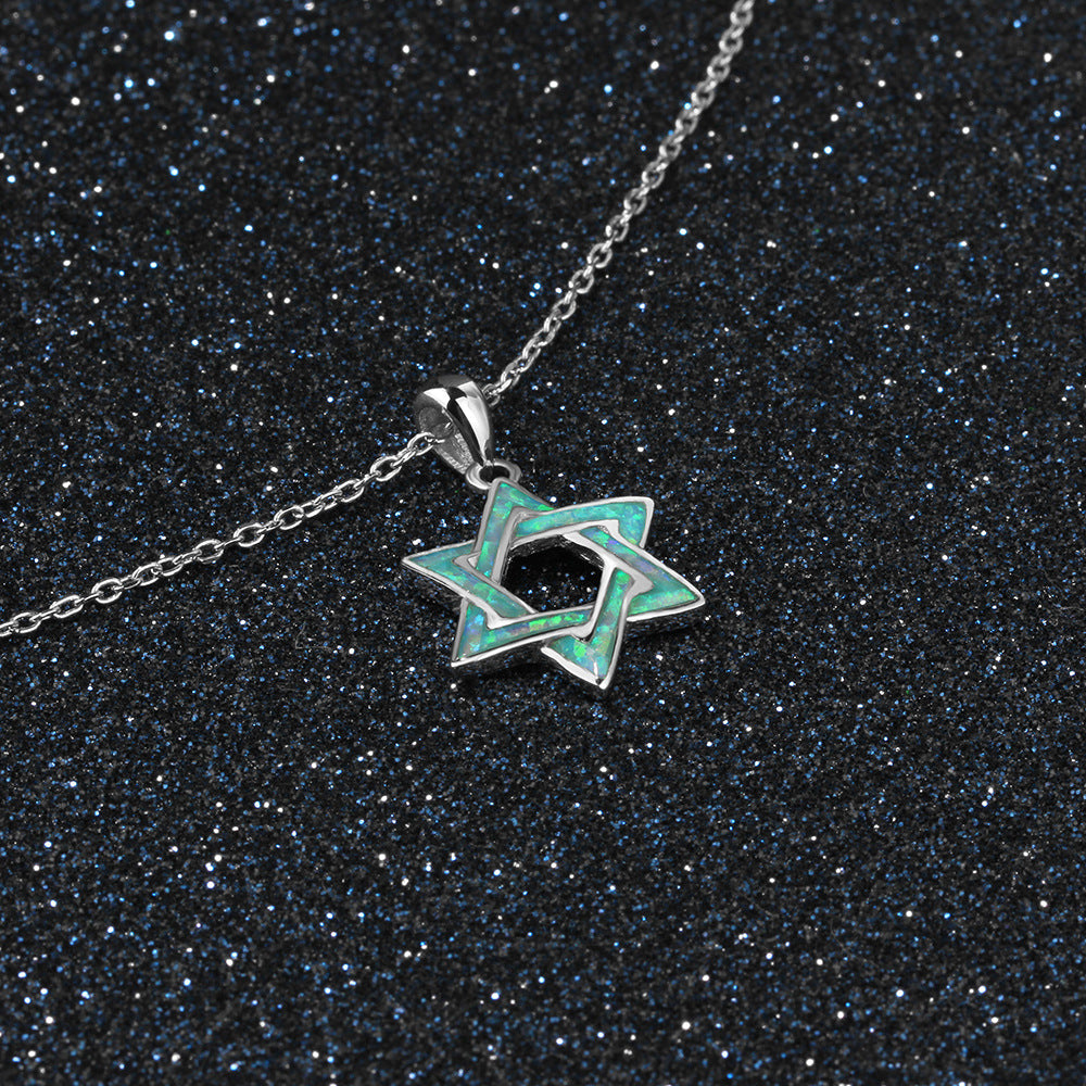 Blue Opal Hexagonal Star Sterling Silver Necklace