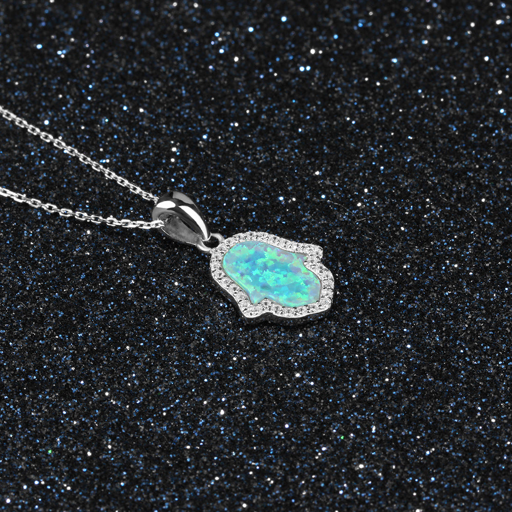 Blue Opal Palm Zircon Soleste Halo Sterling Silver Necklace