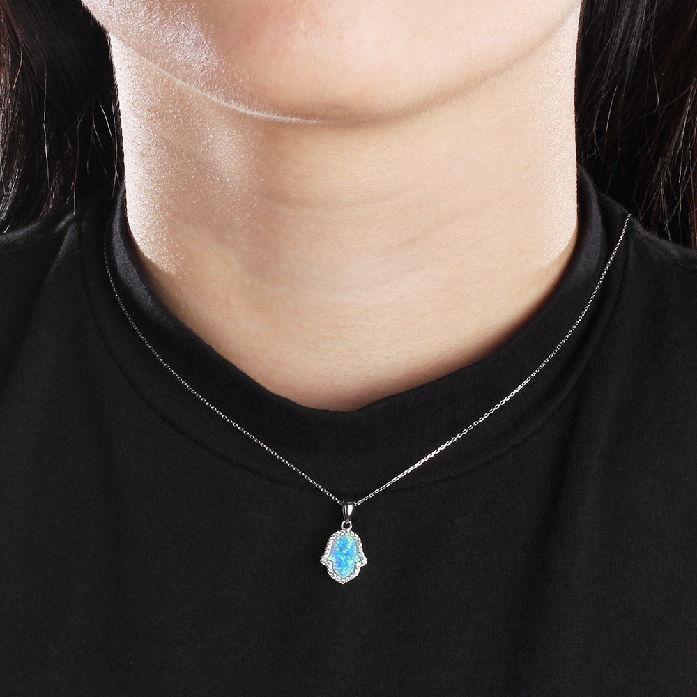 Blue Opal Palm Zircon Soleste Halo Sterling Silver Necklace