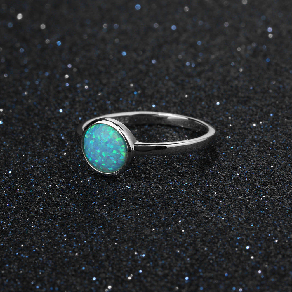 Round Blue Opal Polished Steling Silver Ring