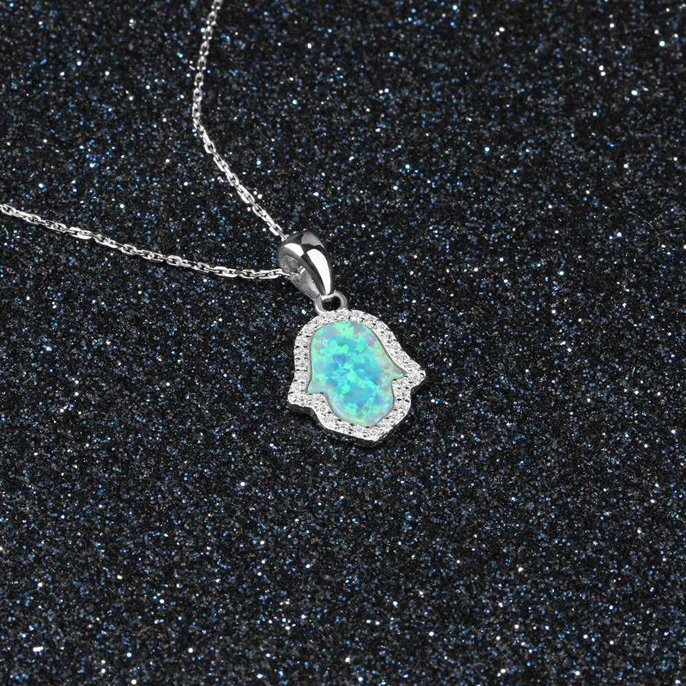 Blue Opal Palm Zircon Soleste Halo Sterling Silver Necklace