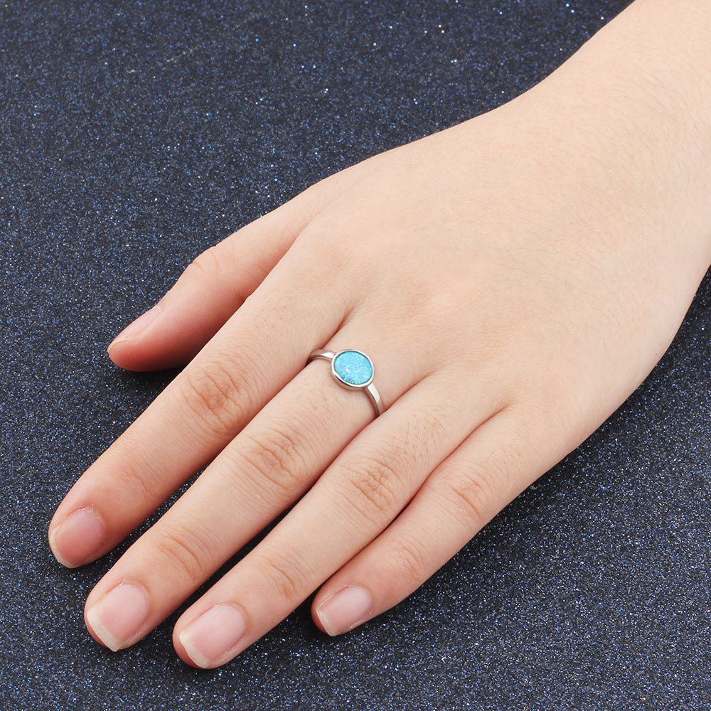 Round Blue Opal Polished Steling Silver Ring