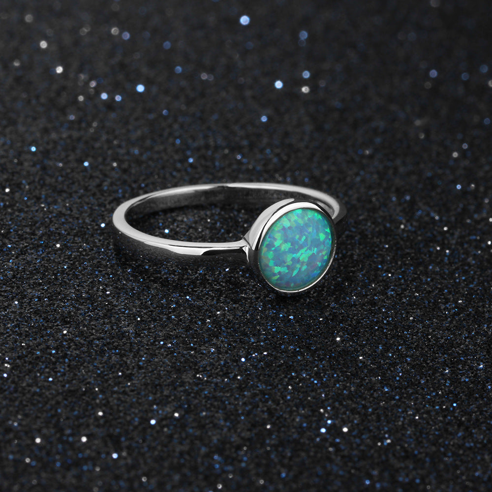 Round Blue Opal Polished Steling Silver Ring