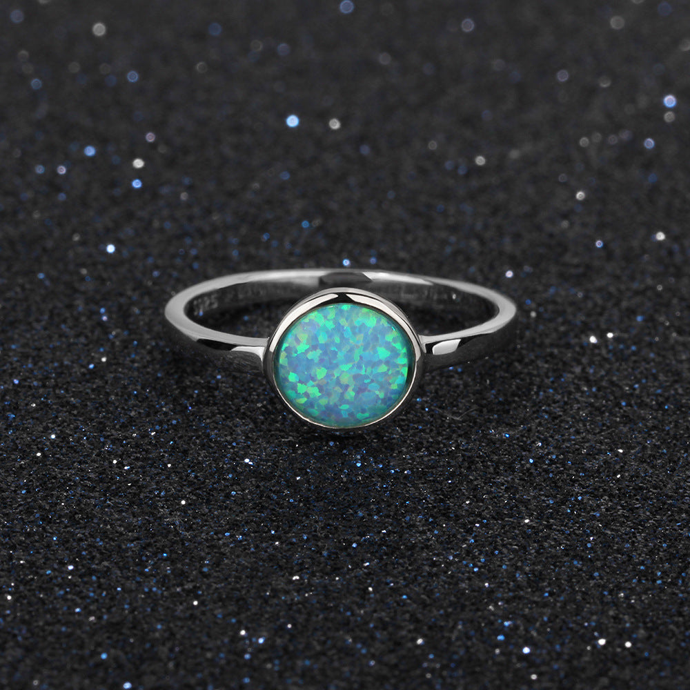 Round Blue Opal Polished Steling Silver Ring