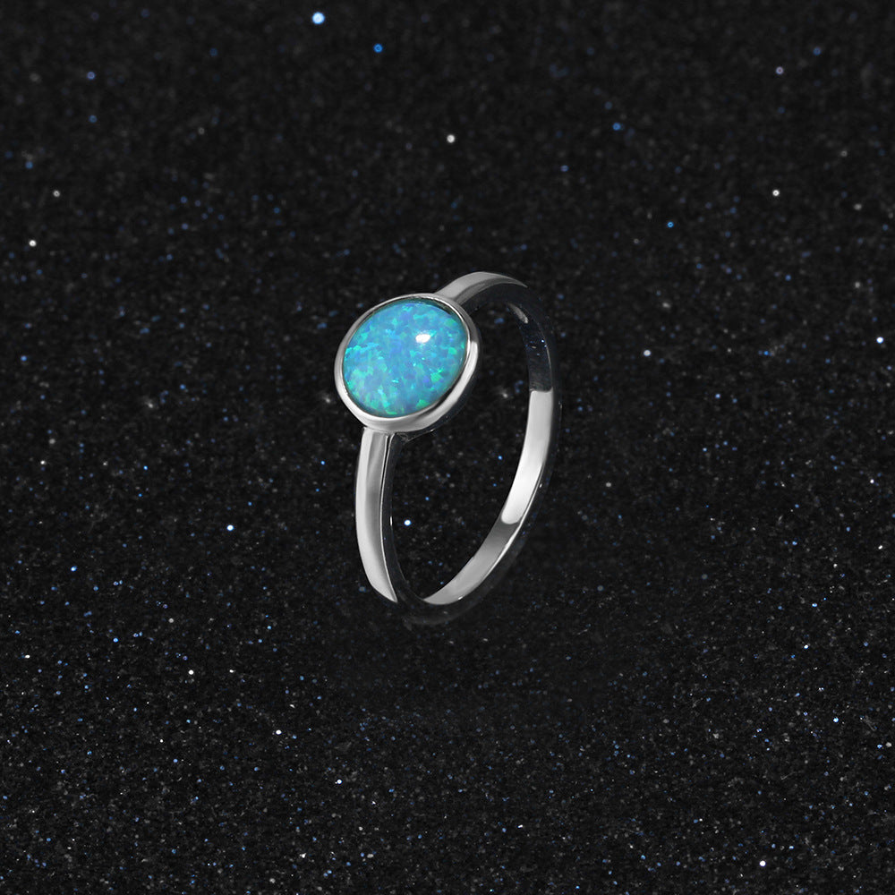 Round Blue Opal Polished Steling Silver Ring