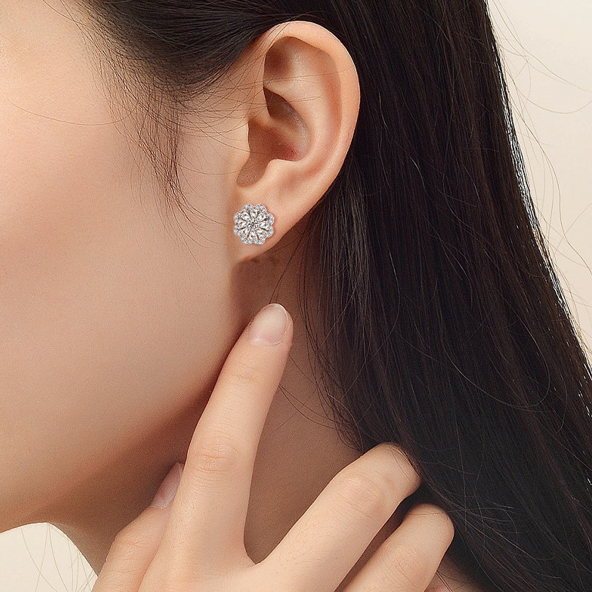 Full Zircon Flower Sterling Silver Stud Earrings