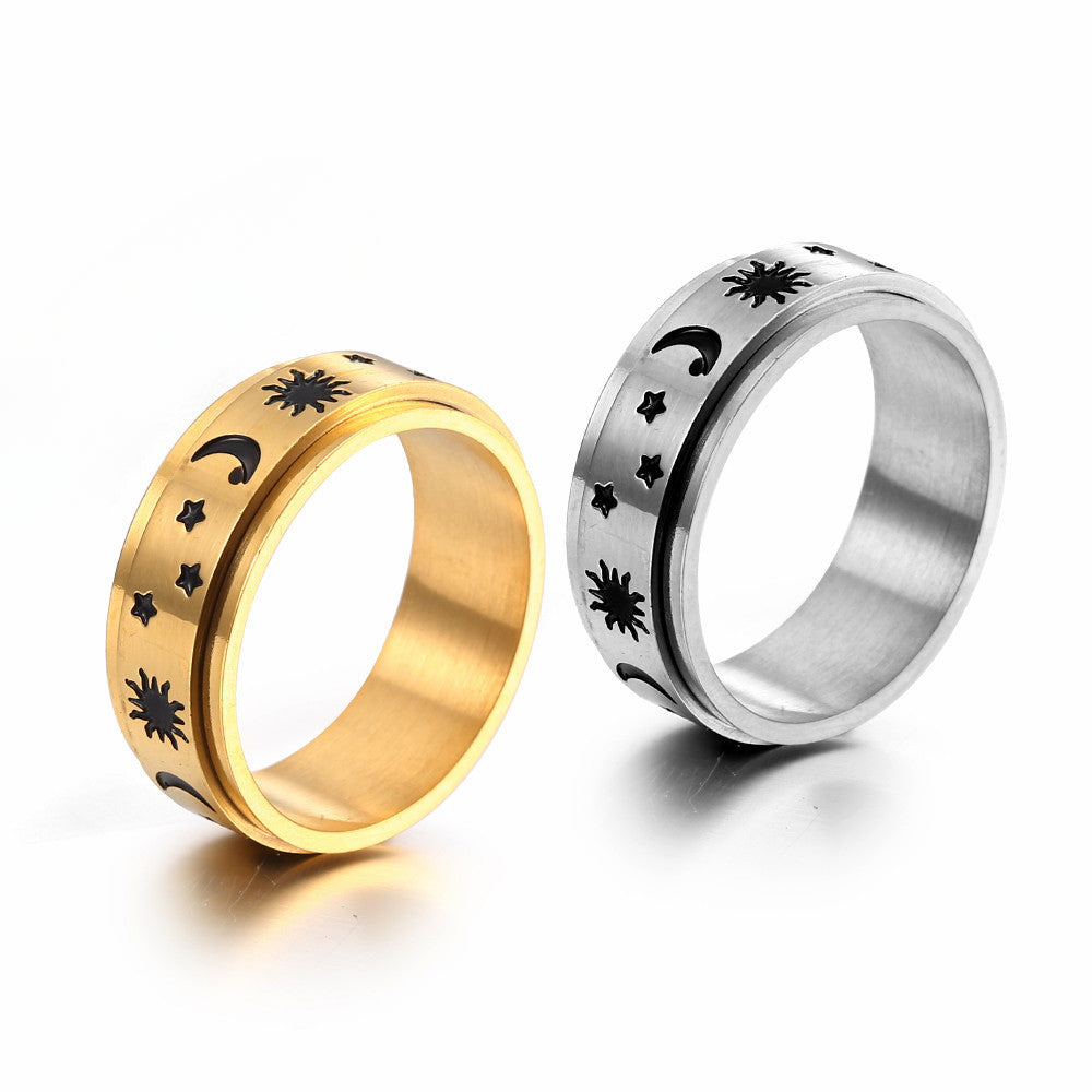 Titanium Steel Men's Ring with Gold, Silver, and Three-Star Design - Sun, Stars, and Moon Jewelry from Japan and South Korea